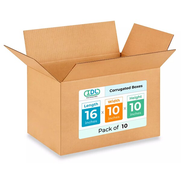 Idl Packaging 16 in x 10 in x 10 in Shipping Box, Kraft, Corrugate, Single Wall, 200#, 10 PK B-161010-10 - main